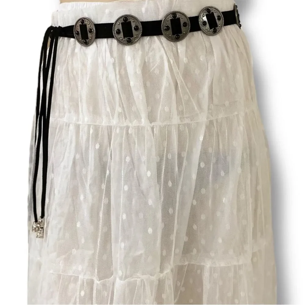 Black Suede Silver Aztec Concho Fringe Belt OS